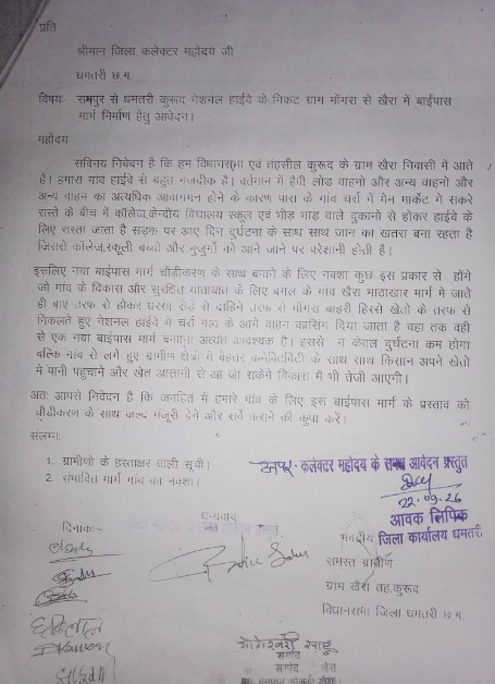कुरुद में हादसों के रूट पर लगाम की तैयारी: खैरा-चर्रा बाईपास निर्माण को लेकर उग्र हुए ग्रामीण, अपर कलेक्टर को सौंपा ज्ञापन